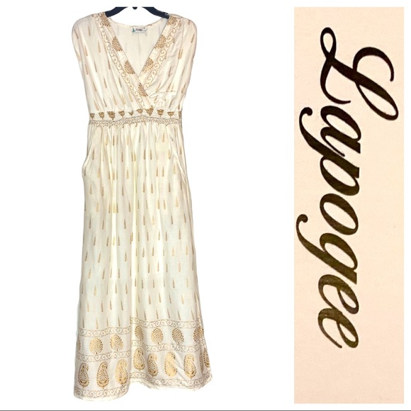 Brand New! Lapogee  Printed Cream and Gold Summer Dress with Pockets. Size SP - Picture 2 of 9